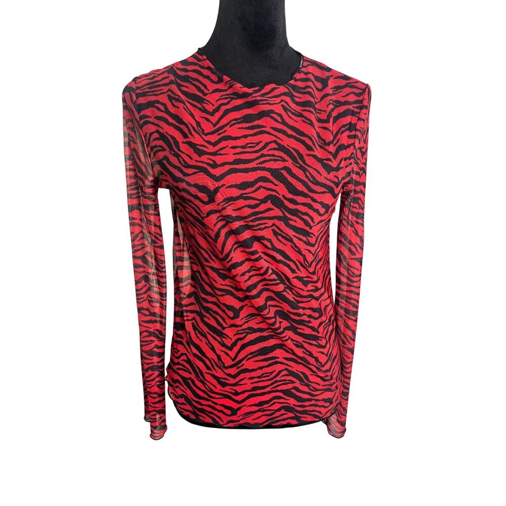 Zara Long Sleeve Y2K Red and Black Zebra Striped Mesh Top Size Medium